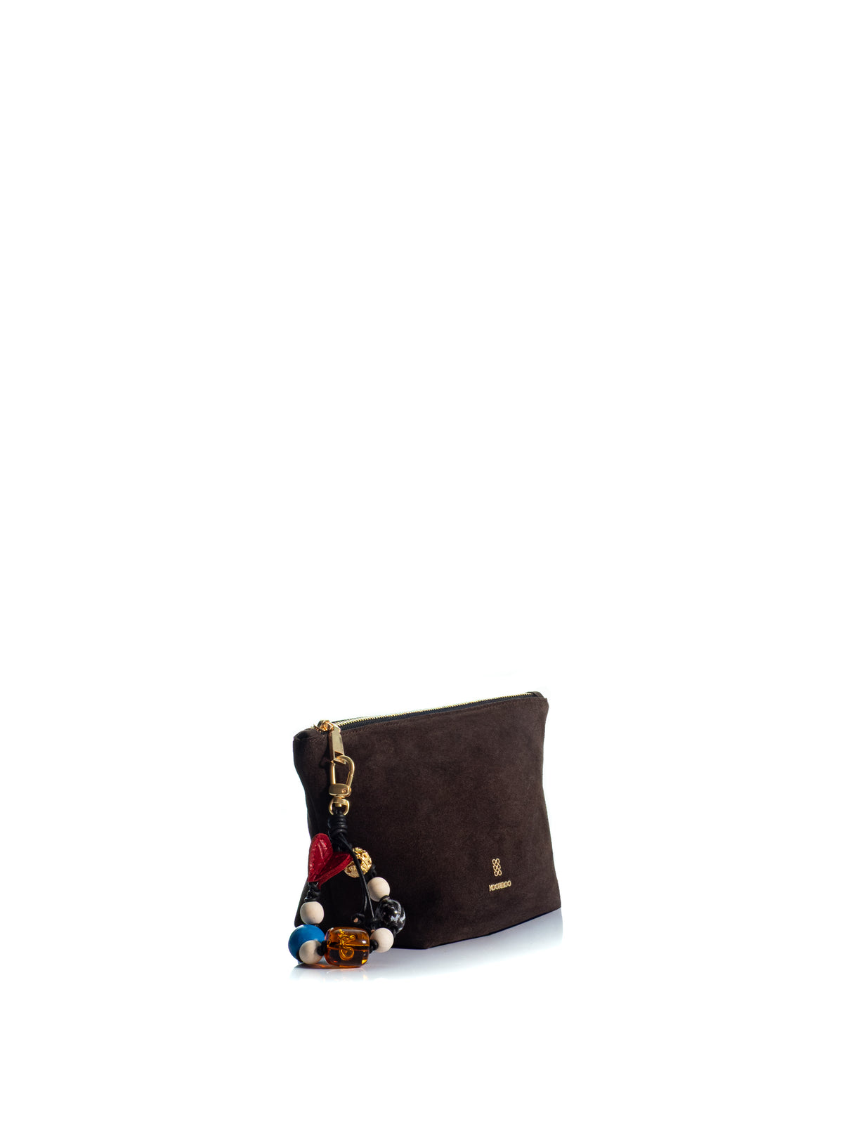 Side view of the KOORELOO Charming Pouch in dark brown suede with curved silhouette, gold-tone logo, zip closure and colorful decorative beaded charm