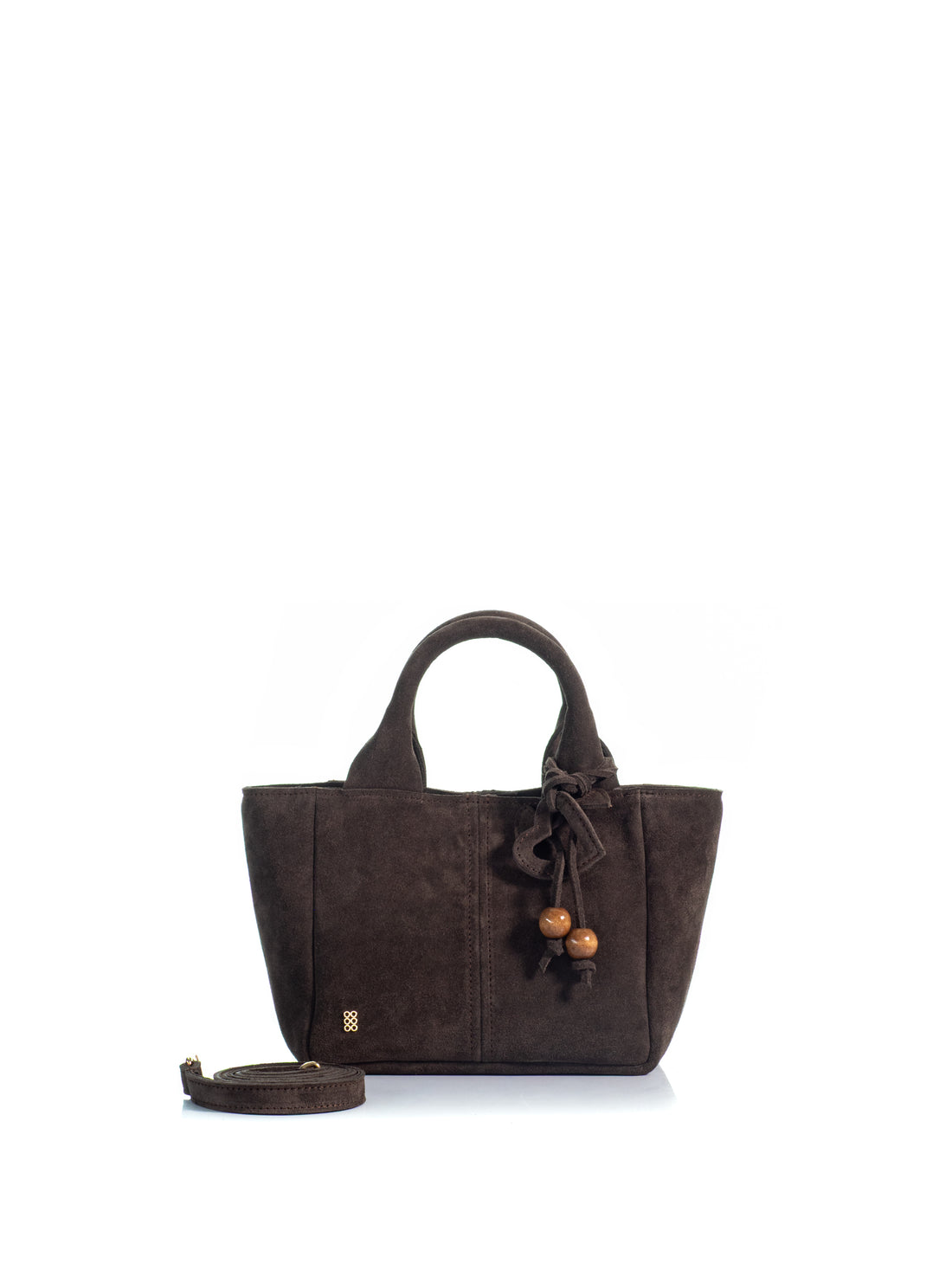 KOORELOO The Charming Tote Mini in dark brown suede with double top handles, wooden bead charm and detachable shoulder strap