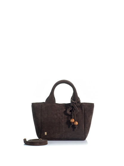 KOORELOO The Charming Tote Mini in dark brown suede with double top handles, wooden bead charm and detachable shoulder strap