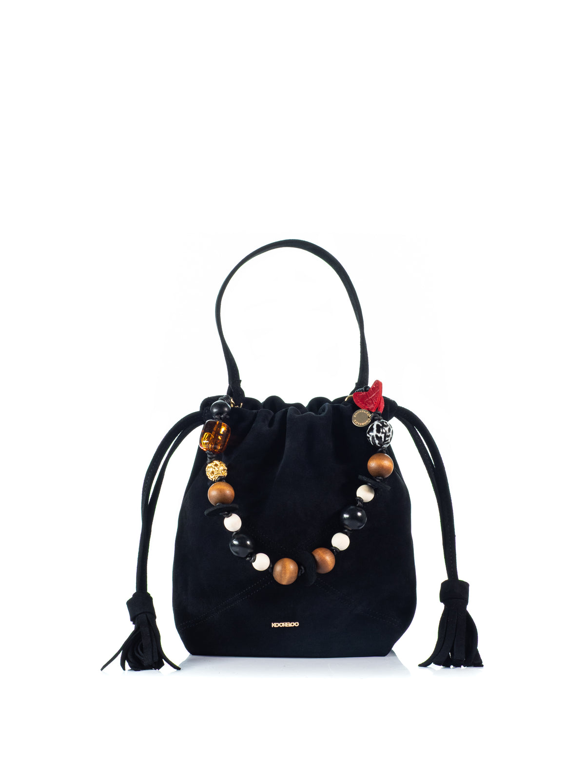 KOORELOO The Chatterbox Bucket in black suede with multicolor decorative beads, drawstring closure and tassel detailing
