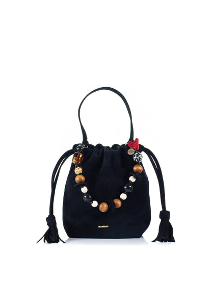 KOORELOO The Chatterbox Bucket in black suede with multicolor decorative beads, drawstring closure and tassel detailing