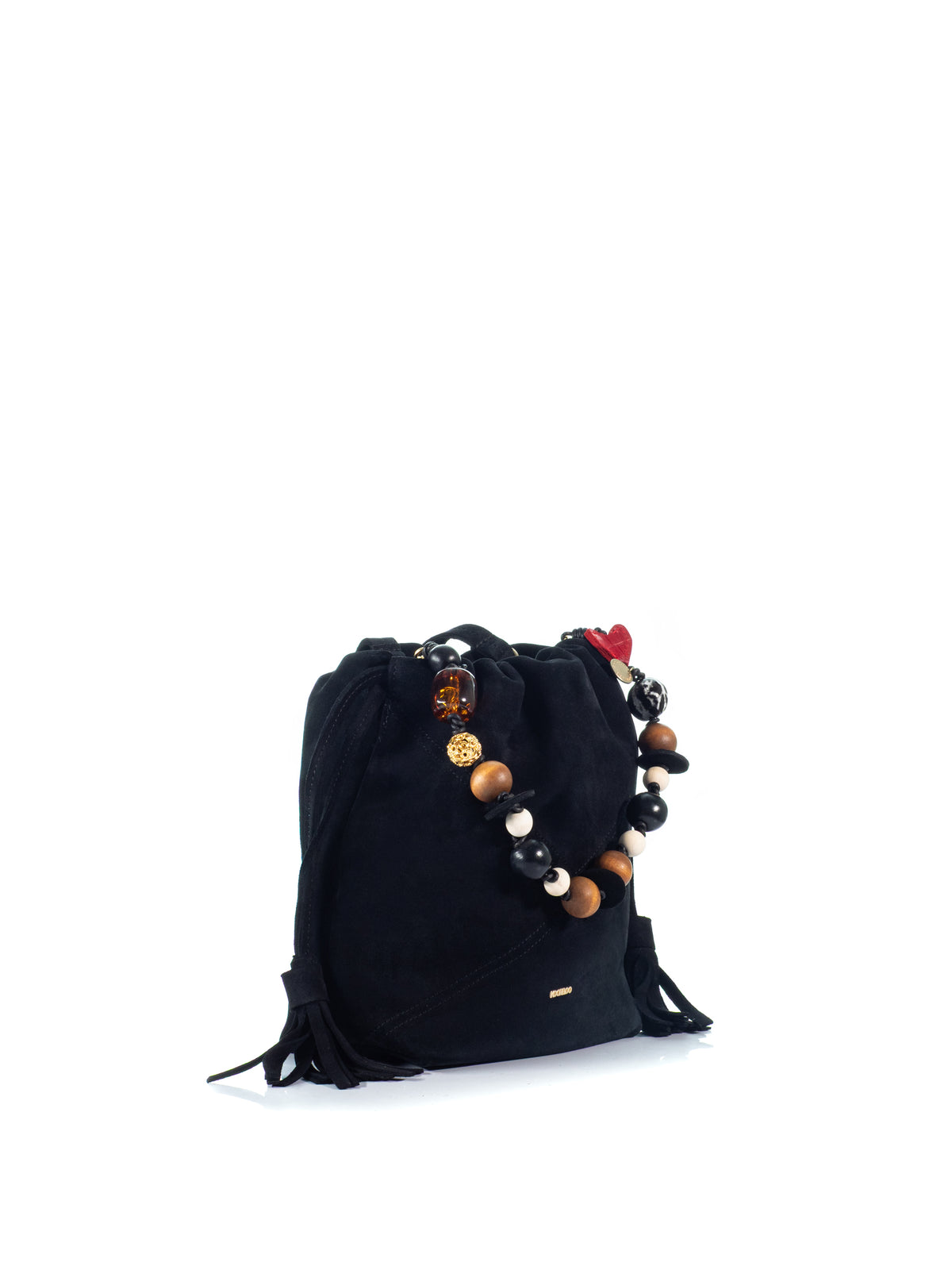 Side view of the KOORELOO Chatterbox Bucket in black suede with multicolor decorative beads, drawstring closure and tassel detailing
