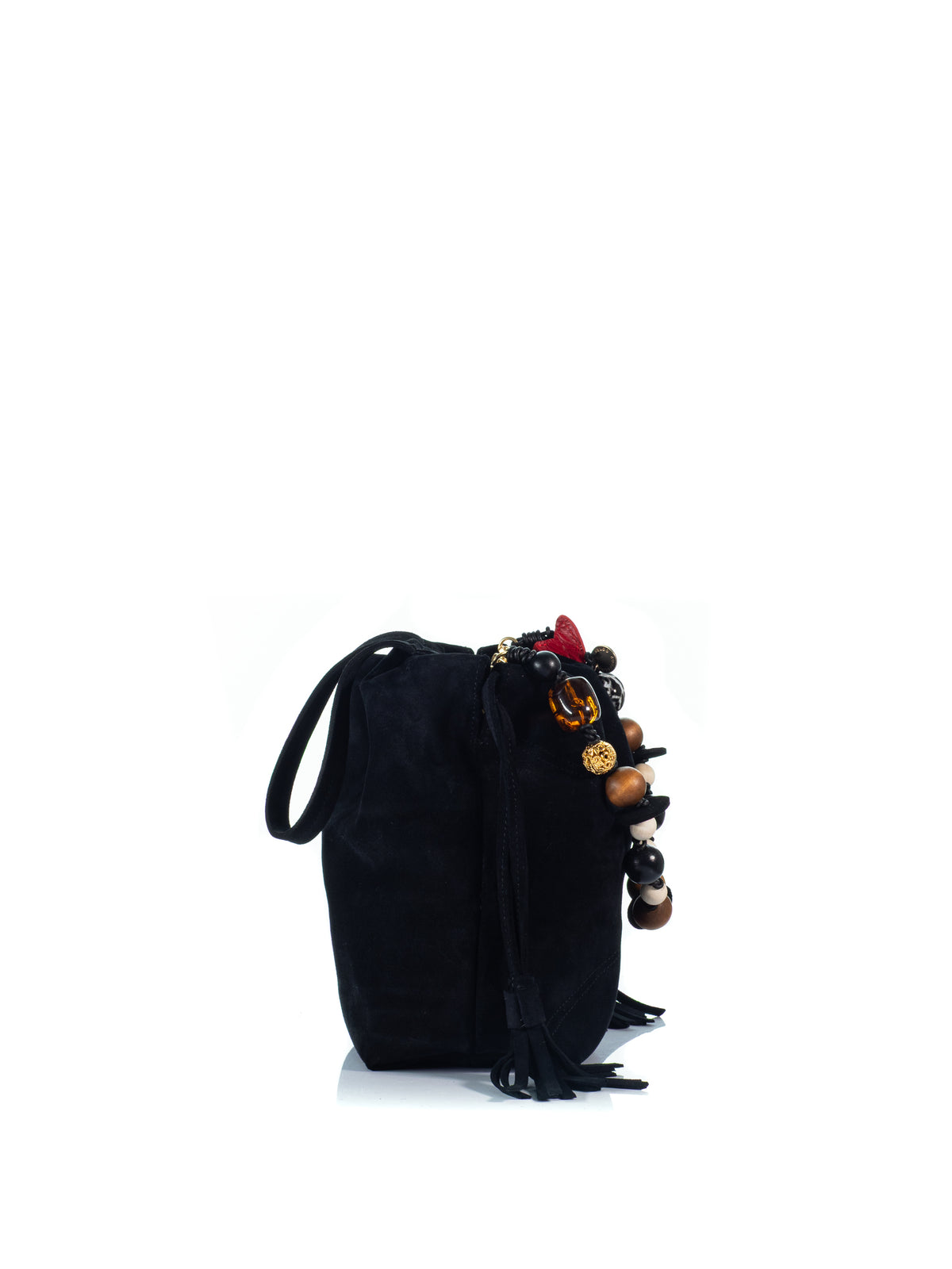 Side view of the KOORELOO Chatterbox Bucket in black suede with multicolor decorative beads, drawstring closure and tassel detailing