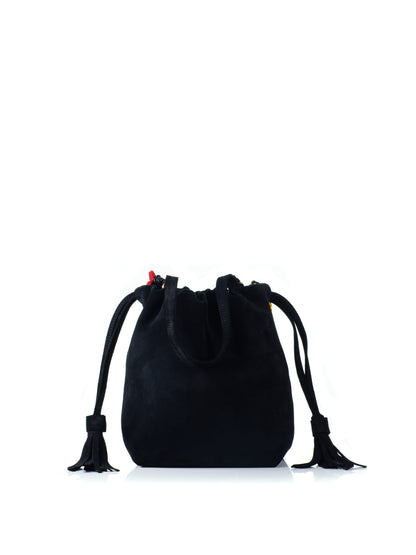 Back view of the KOORELOO Chatterbox Bucket in black suede with multicolor decorative beads, drawstring closure and tassel detailing