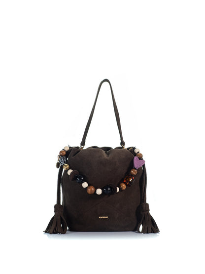 KOORELOO The Chatterbox Bucket in dark brown suede with multicolored bead charms, long suede tassels, gathered top and matching shoulder strap