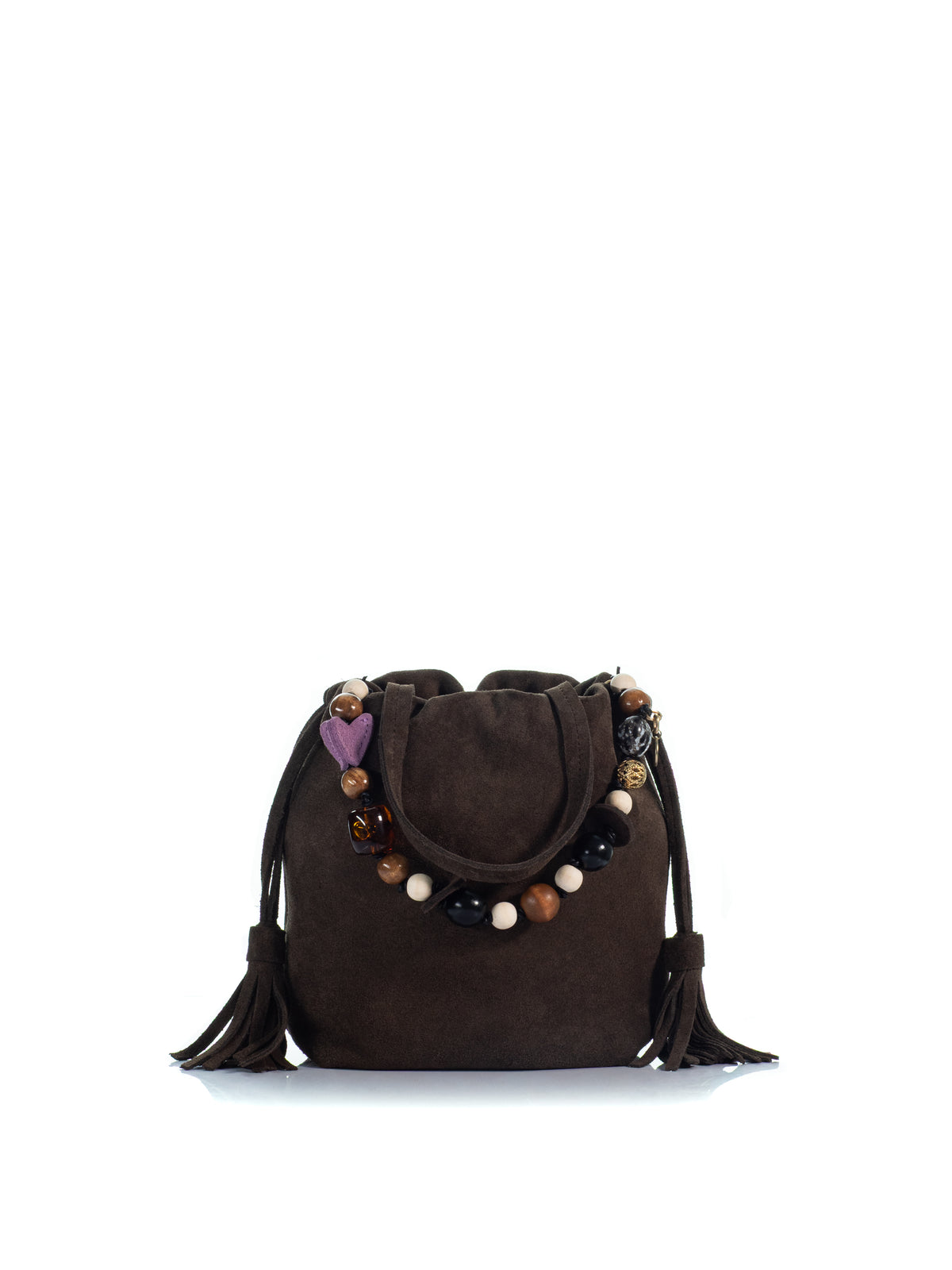 Back view of the KOORELOO Chatterbox Bucket in dark brown suede with multicolored bead charms, long suede tassels, gathered top and matching shoulder strap