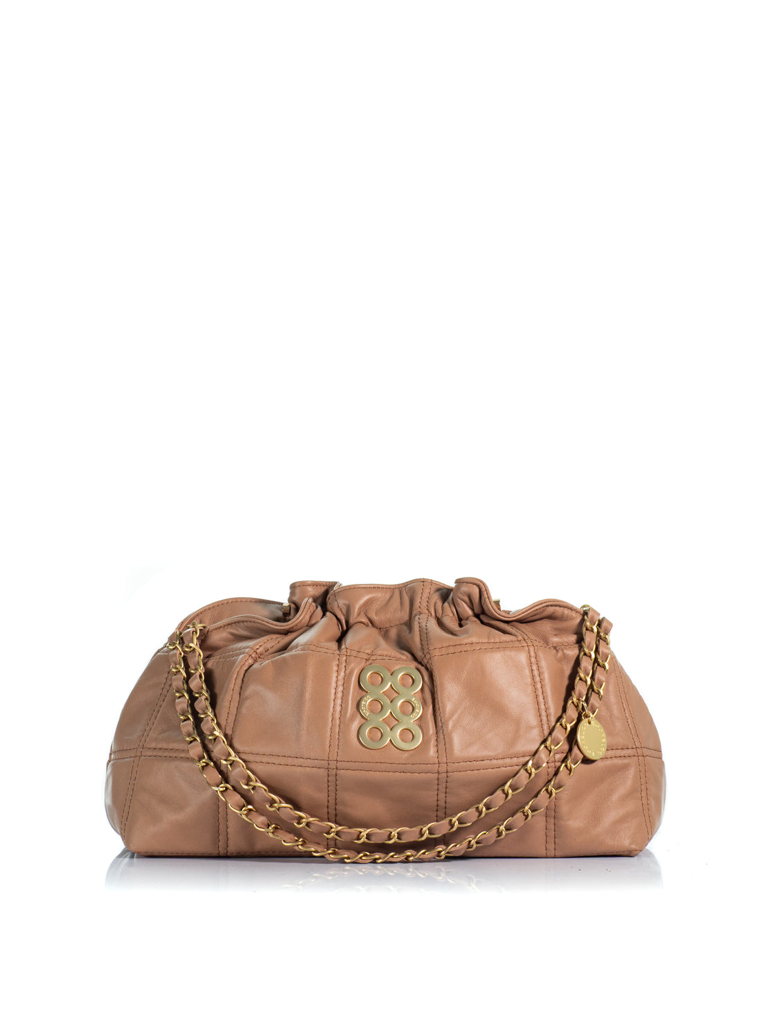 KOORELOO The Milano Pouch Desert Sand Leather shoulder bag with geometric stitching, gathered silhouette and gold-tone chain