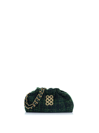 KOORELOO The Milano Pouch Mini in green tweed with a textured woven finish, gathered silhouette, gold-tone emblem and interwoven chain strap