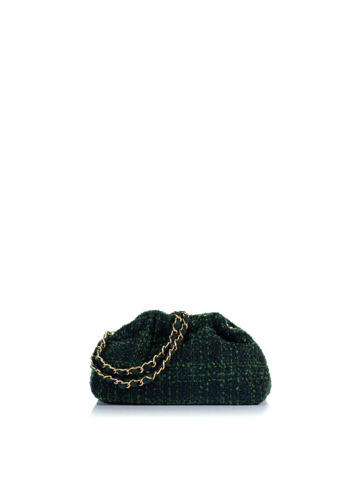 Back view of the KOORELOO Milano Pouch Mini in green tweed with a textured woven finish, gathered silhouette, gold-tone emblem and interwoven chain strap
