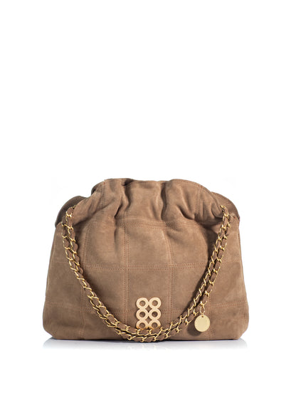 KOORELOO The Milano Shopper in brown suede with geometric stitching, gathered top, signature gold-tone emblem and suede-interwoven chain strap