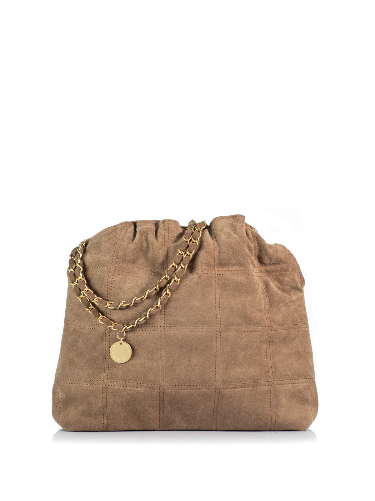 Back view of the KOORELOO Milano Shopper in brown suede with geometric stitching, gathered top, signature gold-tone emblem and suede-interwoven chain strap