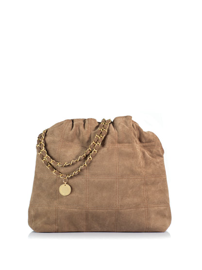 Back view of the KOORELOO Milano Shopper in brown suede with geometric stitching, gathered top, signature gold-tone emblem and suede-interwoven chain strap