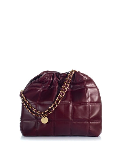 Back view of the KOORELOO Milano Shopper in burgundy leather with geometric stitching, gathered top, signature gold-tone emblem and leather-interwoven chain strap
