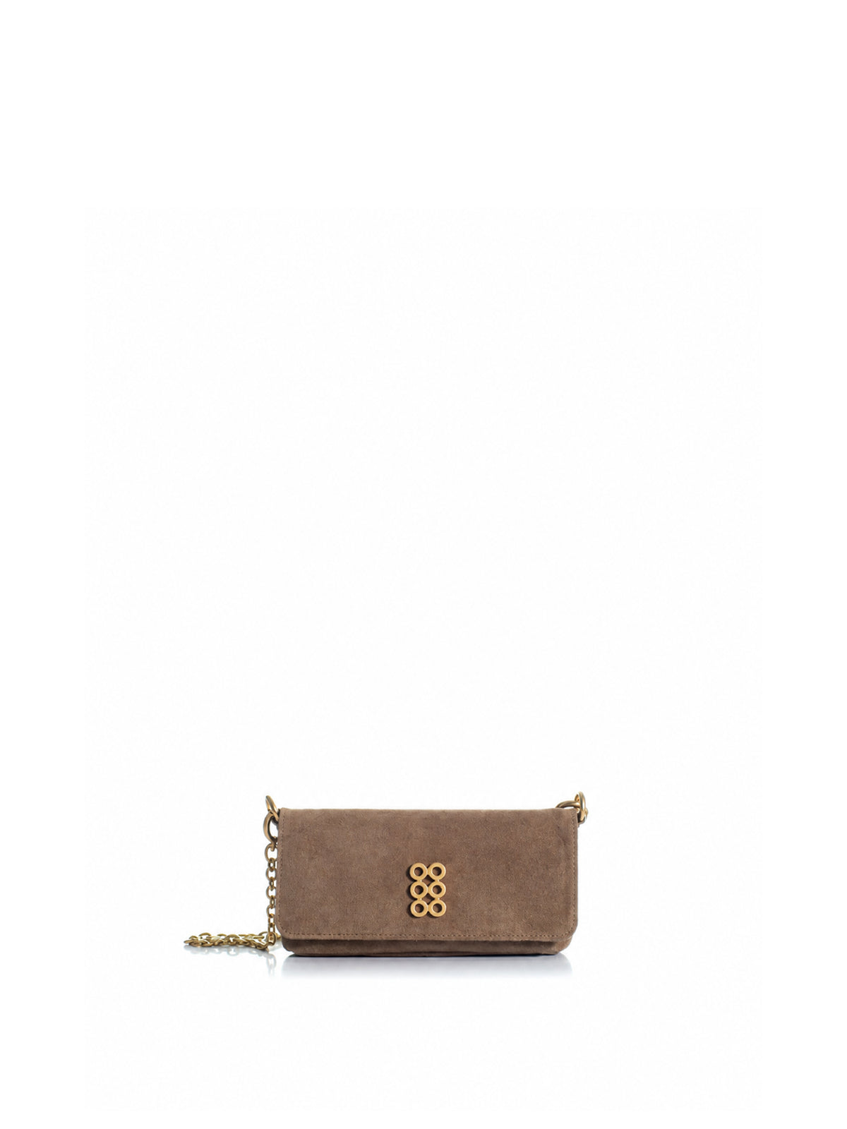 KOORELOO The New Yorker Chain Wallet in taupe suede with signature gold-tone emblem and chain strap