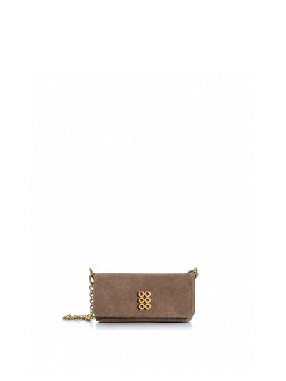 KOORELOO The New Yorker Chain Wallet in taupe suede with signature gold-tone emblem and chain strap