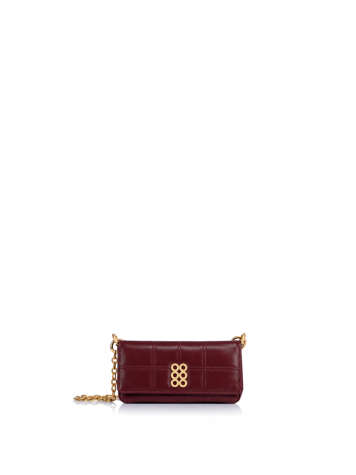 KOORELOO The New Yorker Chain Wallet in burgundy leather with geometric stitching, gold-tone emblem and chain strap