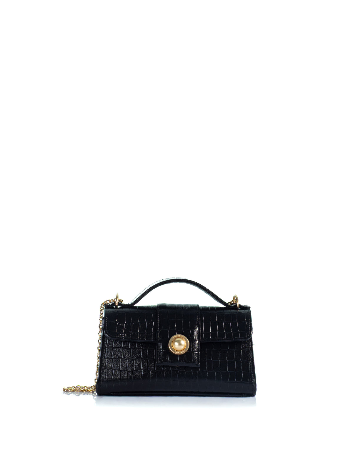 KOORELOO The Noble Mini Black Croc-Effect Leather handbag with top handle, gold-tone front closure and chain strap