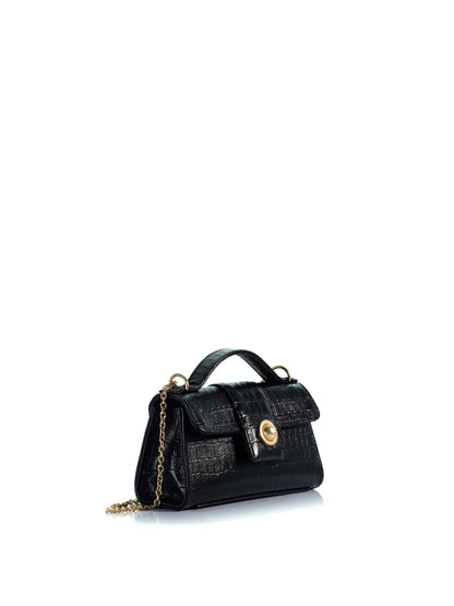 Side view of the KOORELOO Noble Mini Black Croc-Effect Leather handbag with top handle, gold-tone front closure and chain strap
