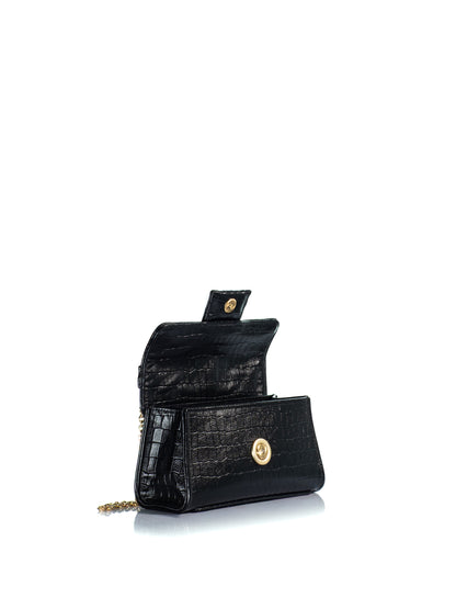 Open side view of the KOORELOO Noble Mini Black Croc-Effect Leather handbag with top handle, gold-tone front closure and chain strap