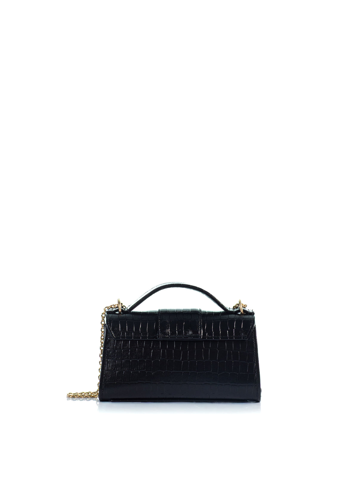 Back view of the KOORELOO Noble Mini Black Croc-Effect Leather handbag with top handle, gold-tone front closure and chain strap