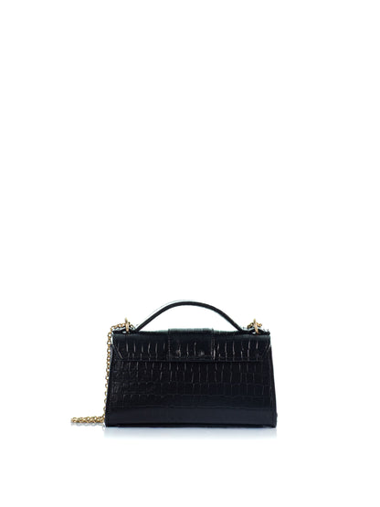 Back view of the KOORELOO Noble Mini Black Croc-Effect Leather handbag with top handle, gold-tone front closure and chain strap