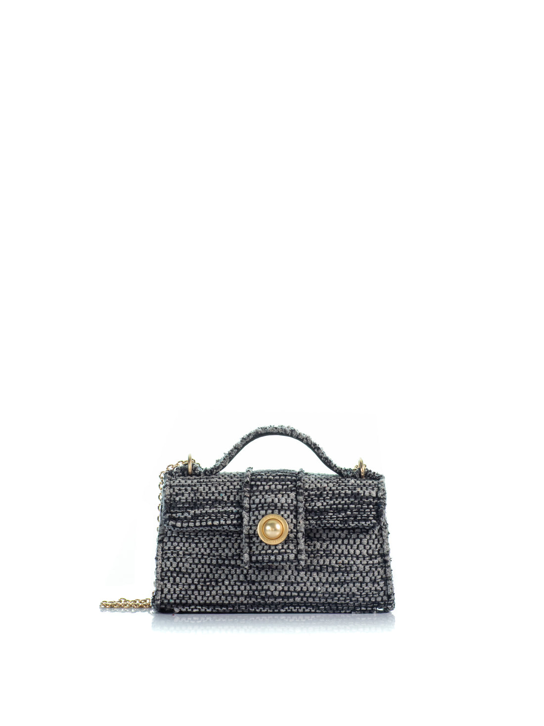 KOORELOO The Noble Mini Grey Woven Fabric handbag with top handle, gold-tone front detail and chain strap