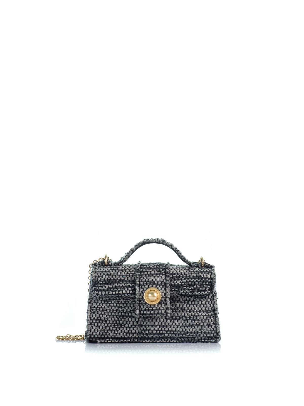 KOORELOO The Noble Mini Grey Woven Fabric handbag with top handle, gold-tone front detail and chain strap