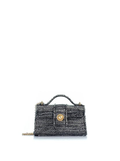 KOORELOO The Noble Mini Grey Woven Fabric handbag with top handle, gold-tone front detail and chain strap