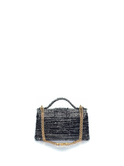 Back view of the KOORELOO The Noble Mini Grey Woven Fabric handbag with top handle, gold-tone front detail and chain strap