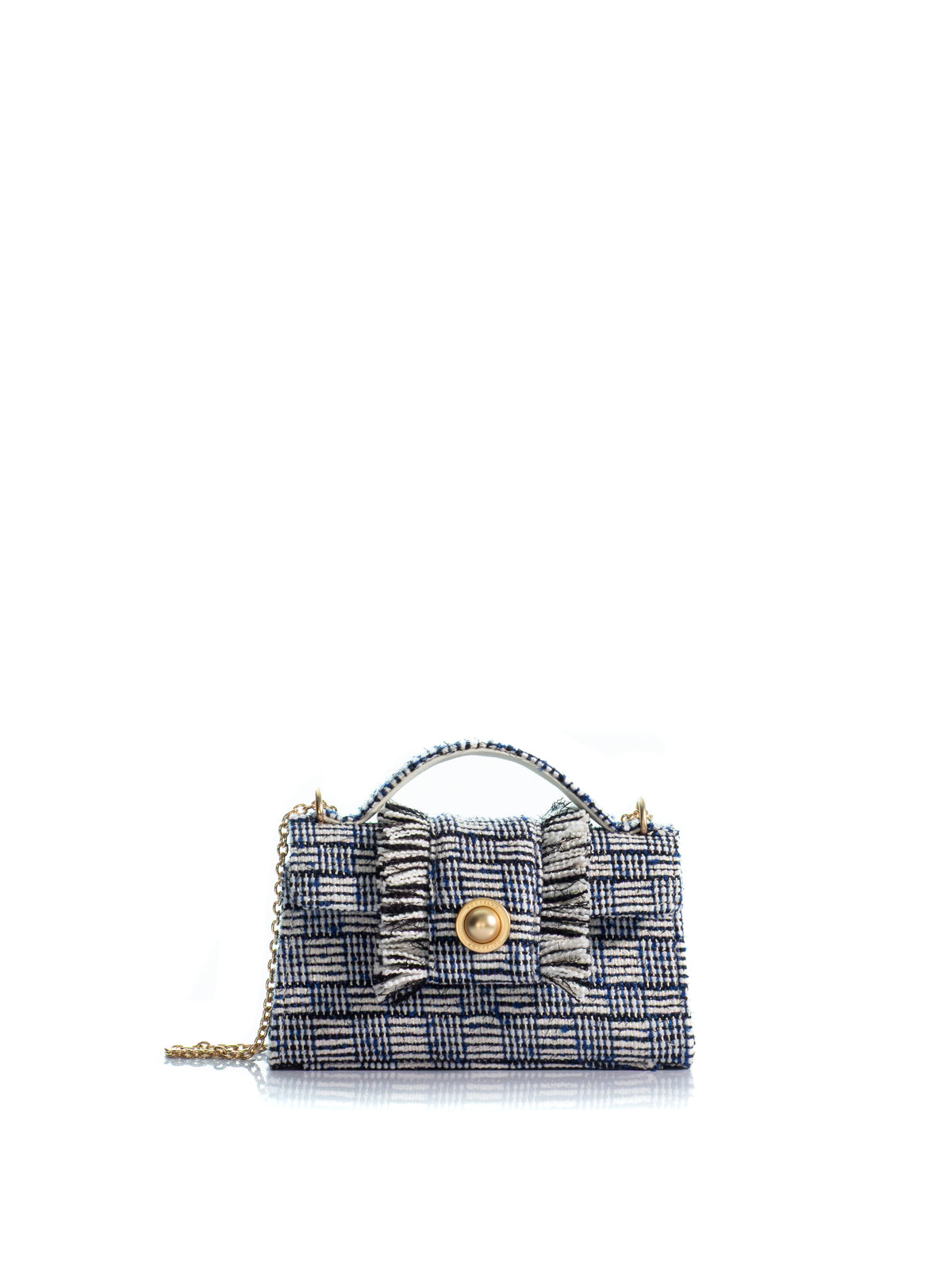 KOORELOO The Noble Mini in navy and ivory tweed with geometric woven pattern, fringed front detailing, top handle, signature gold-tone closure and chain strap