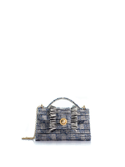 KOORELOO The Noble Mini in navy and ivory tweed with geometric woven pattern, fringed front detailing, top handle, signature gold-tone closure and chain strap