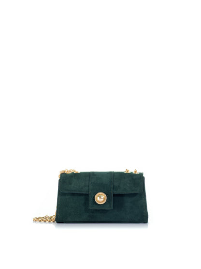 The Noble Pure Mini green suede crossbody bag with gold-tone KOORELOO emblem and chain strap