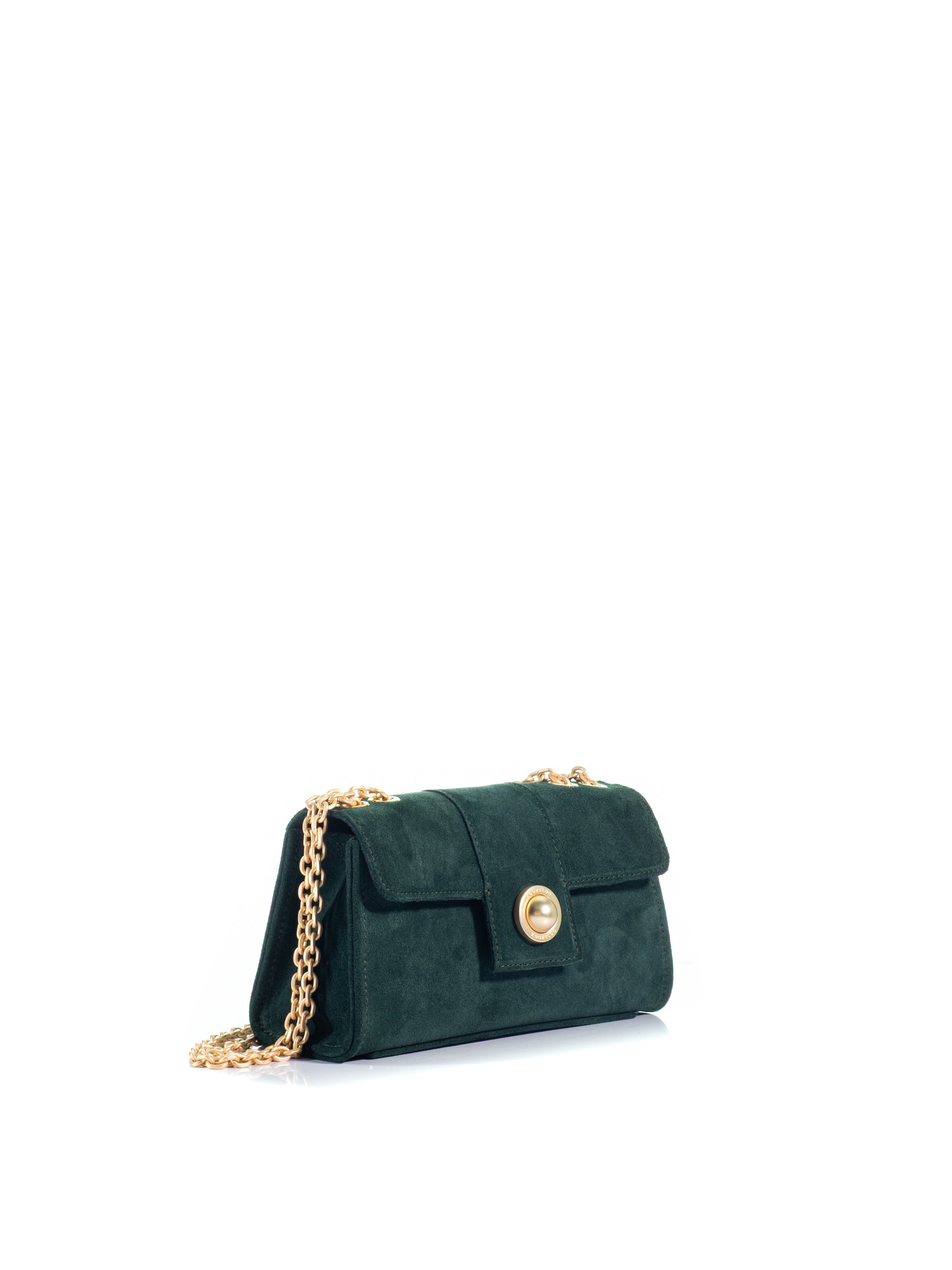 Side View of The Noble Pure Mini green suede crossbody bag with gold-tone KOORELOO emblem and chain strap