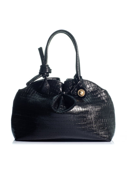 KOORELOO The Swan 2.0 Maxi in black croc-effect leather with glossy embossed texture, sculptural silhouette, knotted top handle and gold-tone circular detail