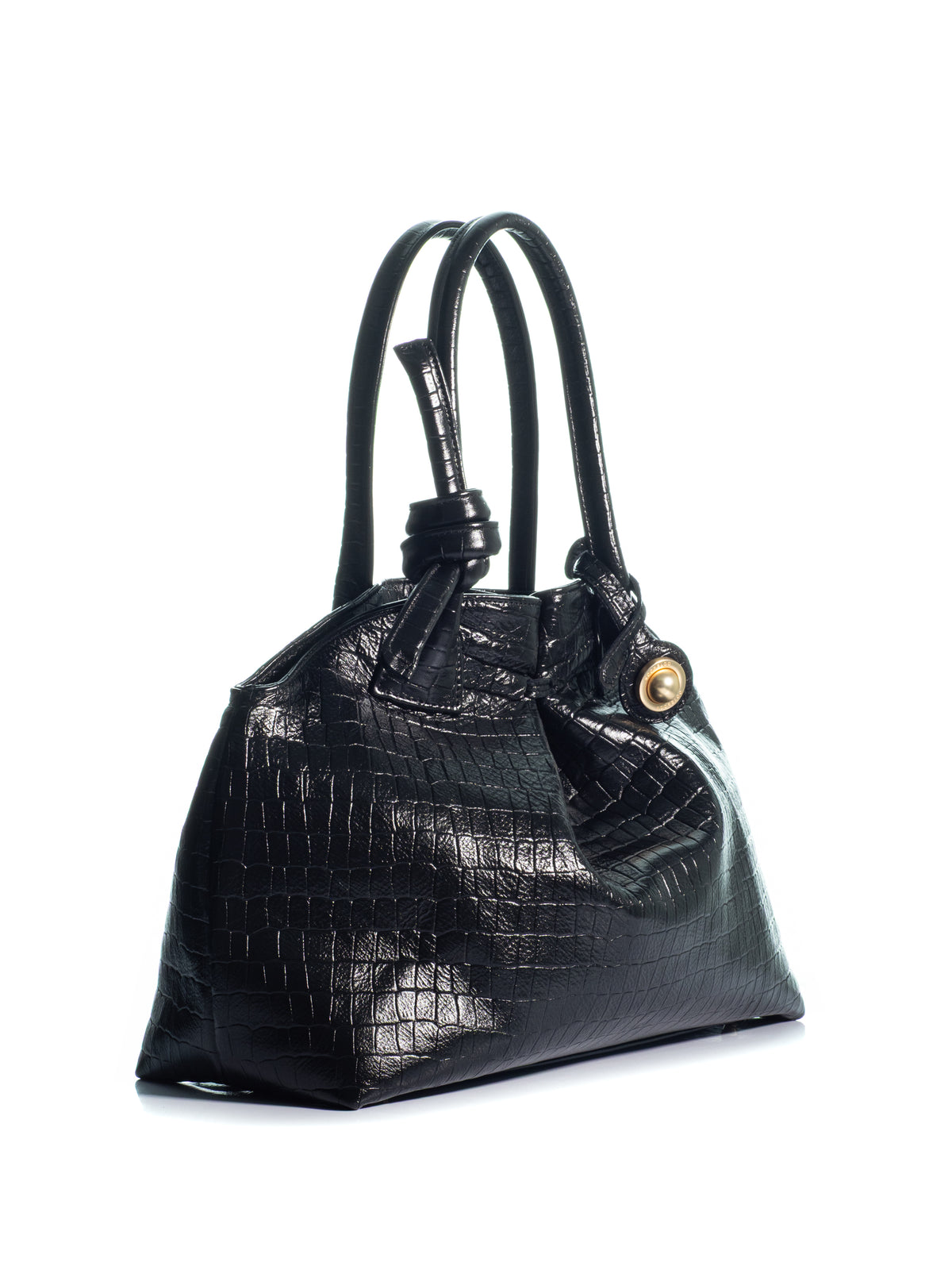 Side view of the KOORELOO Swan 2.0 Maxi in black croc-effect leather with glossy embossed texture, sculptural silhouette, knotted top handle and gold-tone circular detail