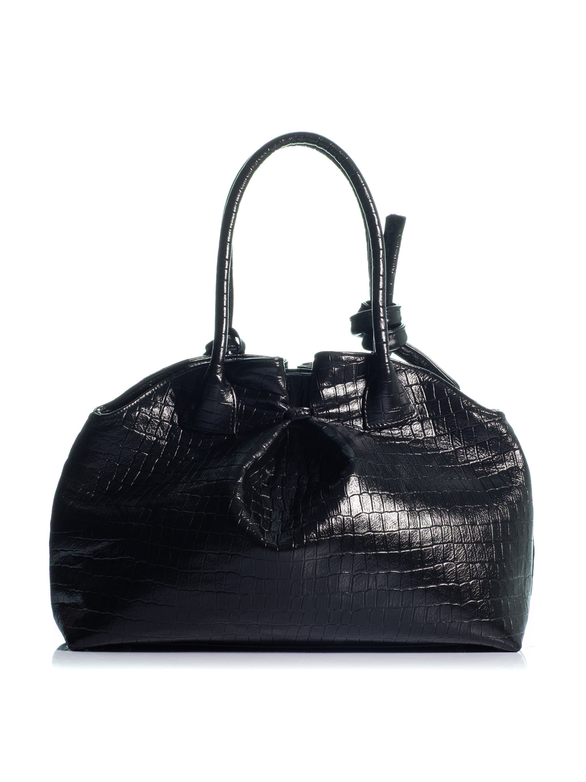 Back view of the KOORELOO Swan 2.0 Maxi in black croc-effect leather with glossy embossed texture, sculptural silhouette, knotted top handle and gold-tone circular detail