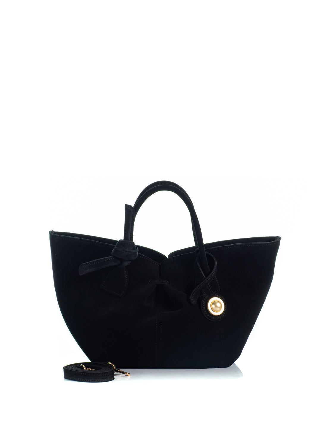 KOORELOO The Swan Belle in black suede with sculptural flared silhouette, knotted top handles, gold-tone circular detail and detachable shoulder strap