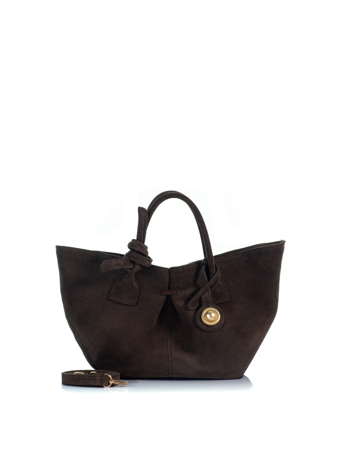 KOORELOO The Swan Belle in dark brown suede with sculptural silhouette, knotted top handle, gold-tone circular detail and detachable shoulder strap