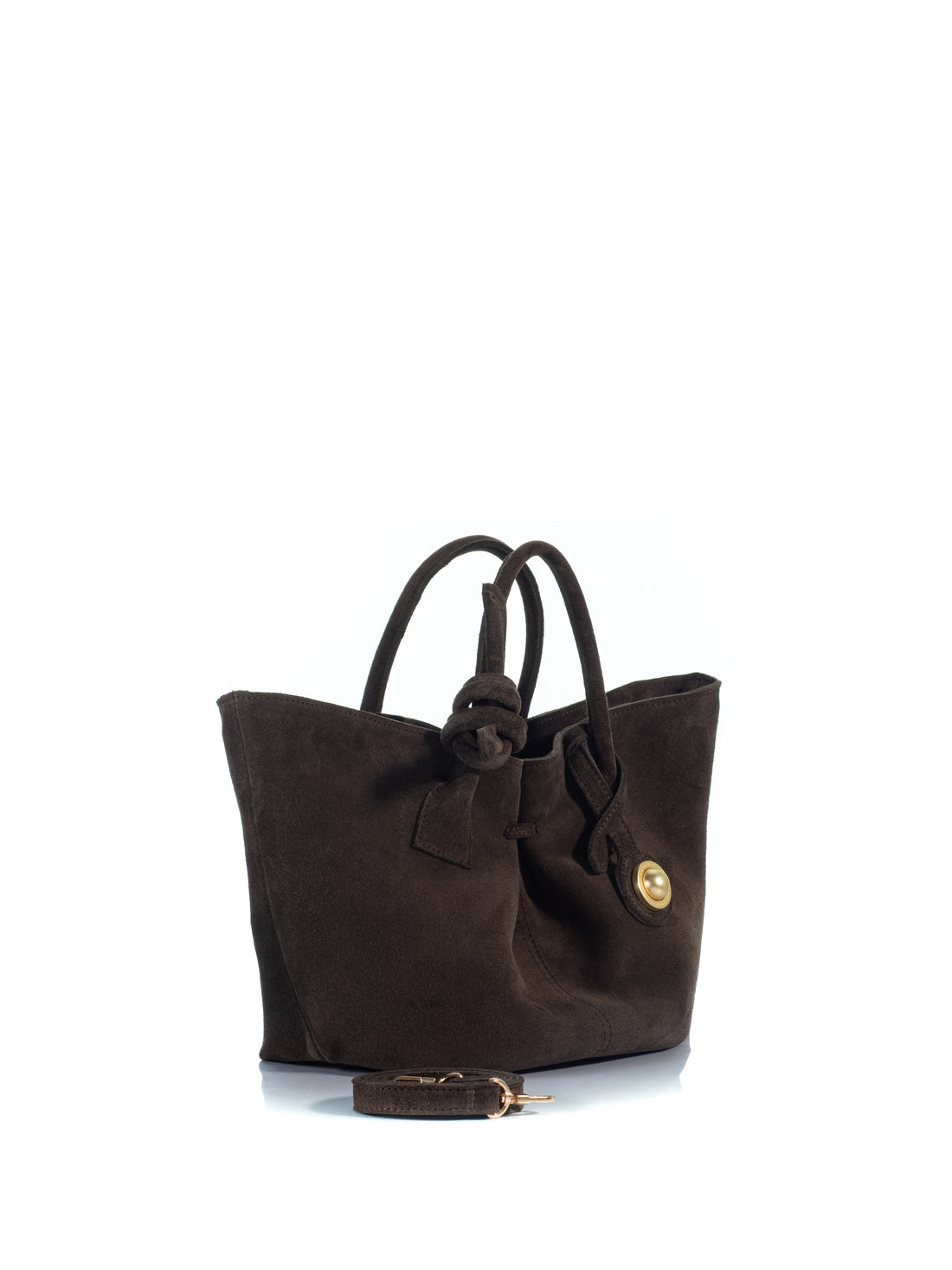 Side view of the KOORELOO Swan Belle in dark brown suede with sculptural silhouette, knotted top handle, gold-tone circular detail and detachable shoulder strap
