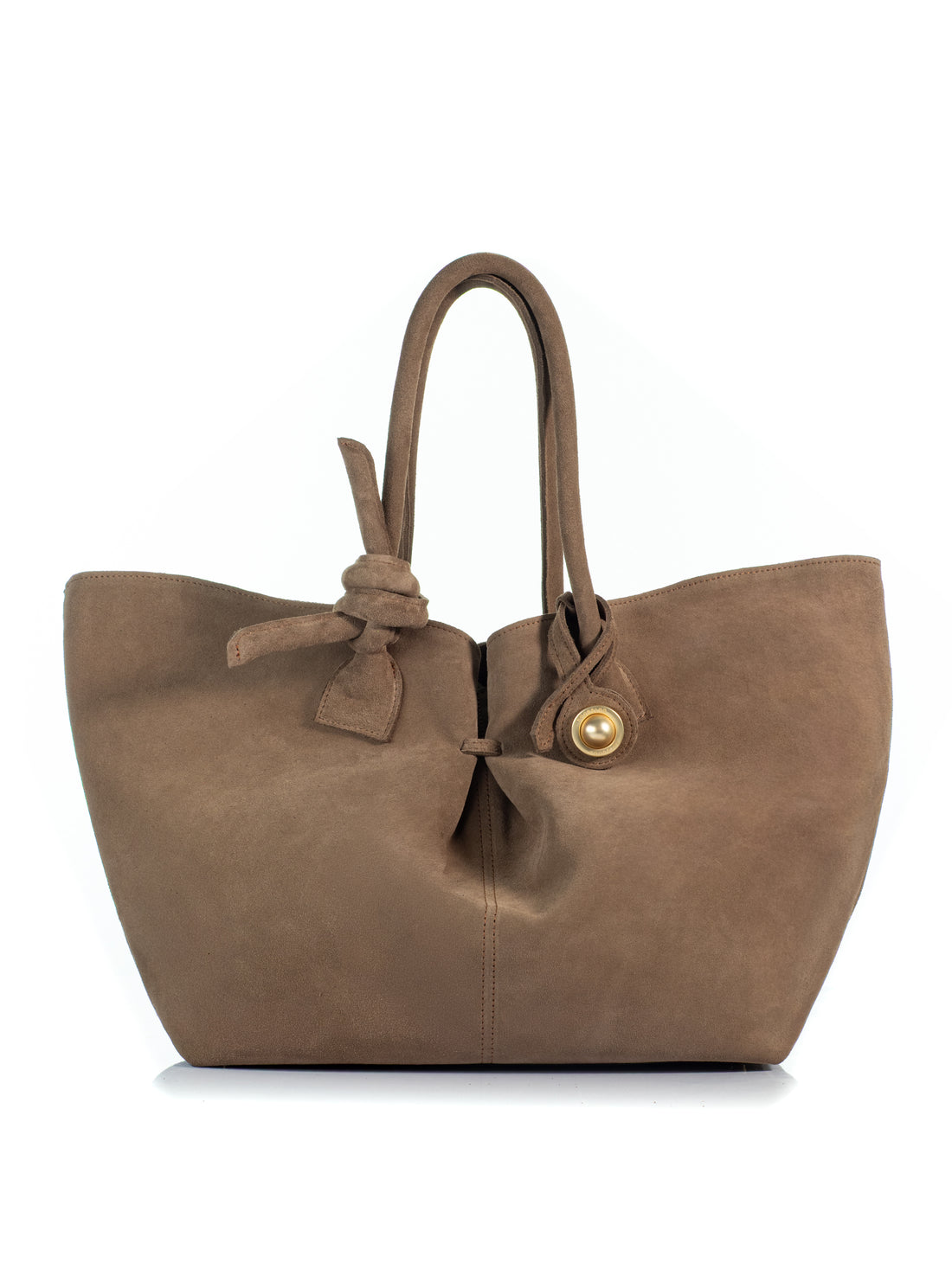 KOORELOO The Swan Belle Maxi in brown suede with spacious flared silhouette, double knotted shoulder handles and signature gold-tone circular detail