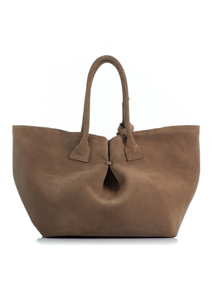 Back view of the KOORELOO Swan Belle Maxi in brown suede with spacious flared silhouette, double knotted shoulder handles and signature gold-tone circular detail
