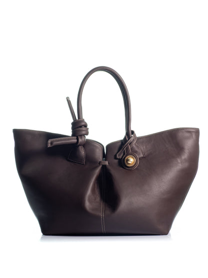 KOORELOO The Swan Belle Maxi dark brown leather bag with sculptural knotted handles