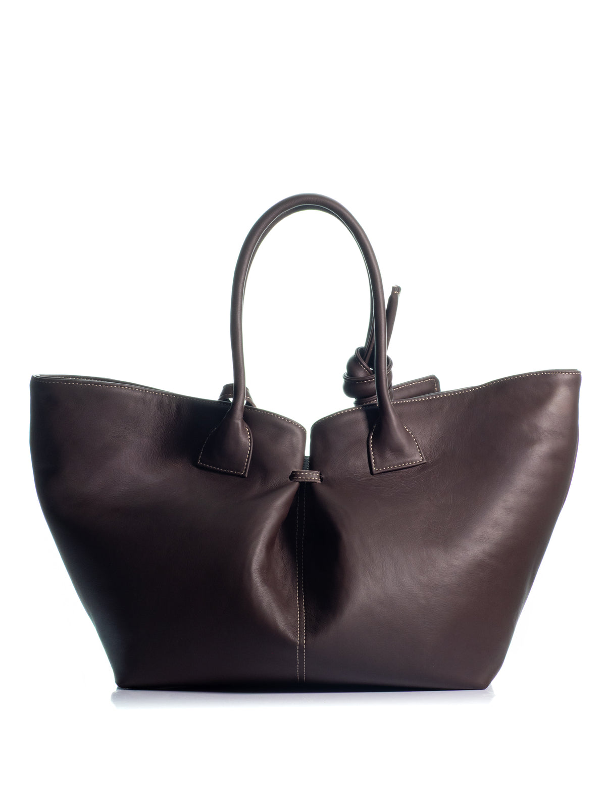 Back view of the KOORELOO The Swan Belle Maxi dark brown leather bag with sculptural knotted handles