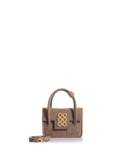 The Tribeca Petite brown suede top handle bag with gold-tone KOORELOO emblem and detachable crossbody strap