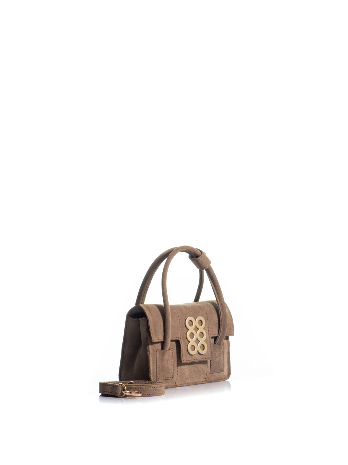 Side View of The Tribeca Petite brown suede top handle bag with gold-tone KOORELOO emblem and detachable crossbody strap