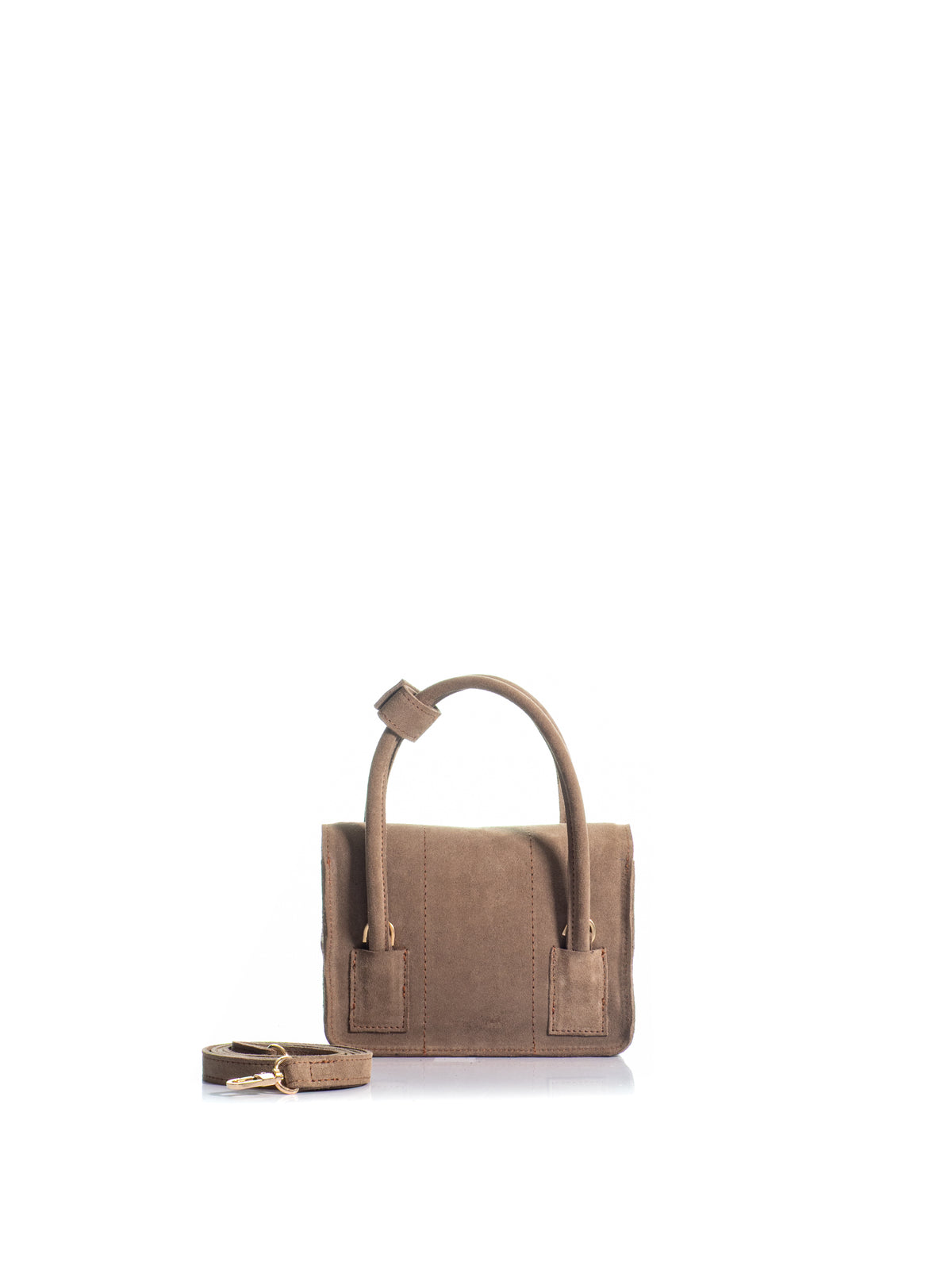 Back View of The Tribeca Petite brown suede top handle bag with gold-tone KOORELOO emblem and detachable crossbody strap