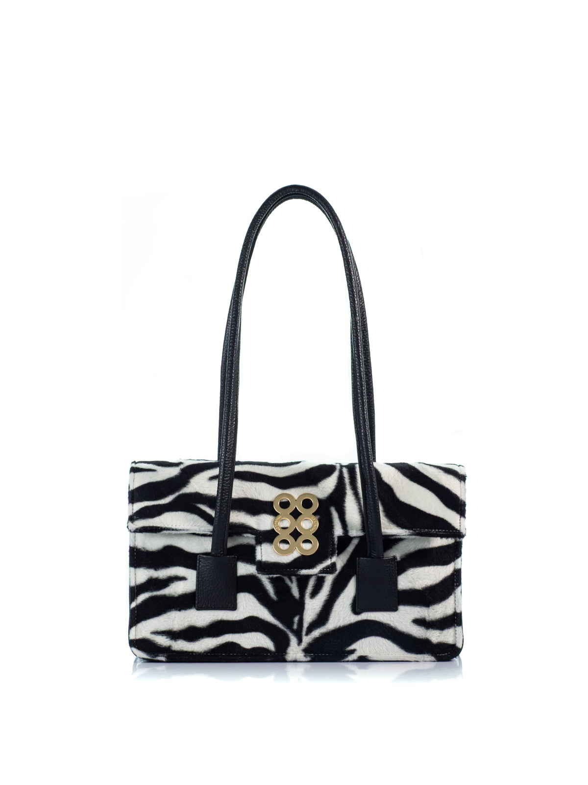 KOORELOO The Tribeca Zebra Pony Hair shoulder bag with black leather handles and signature gold-tone emblem