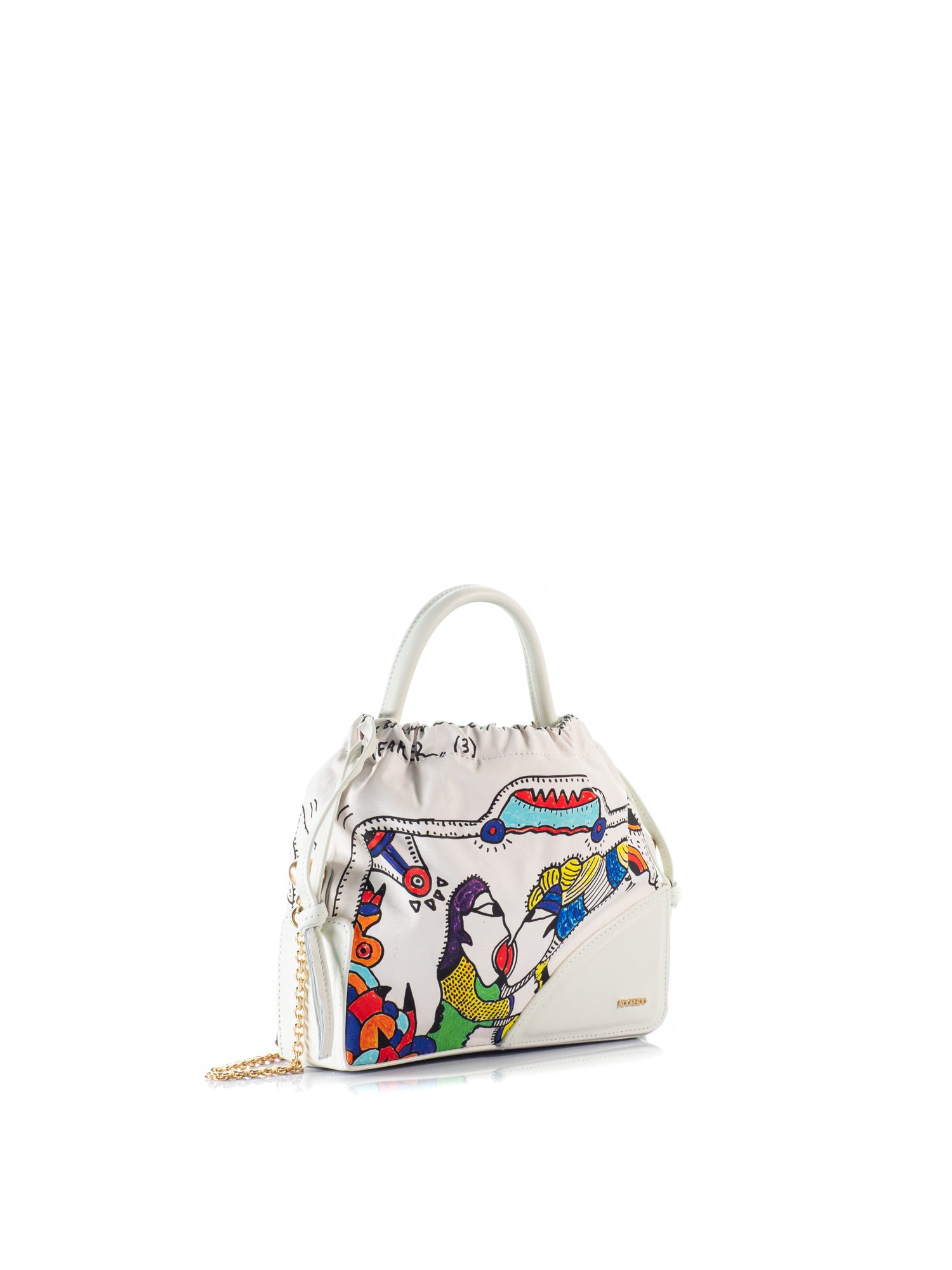 Side view of KOORELOO The Wayfarer 3 Drawstring Bag featuring artwork by Thanasis Lalas