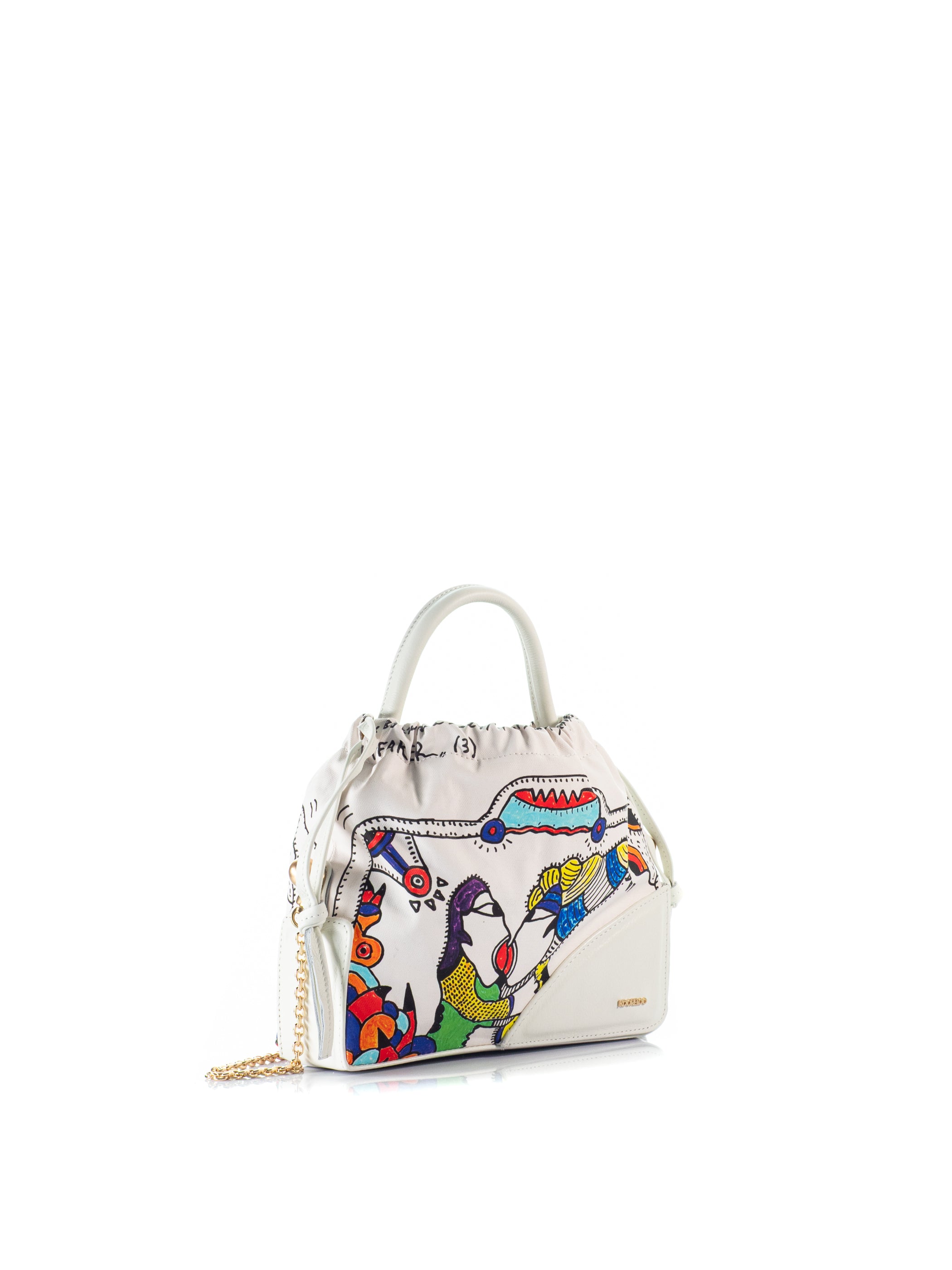 Side view of KOORELOO The Wayfarer 3 Drawstring Bag featuring artwork by Thanasis Lalas