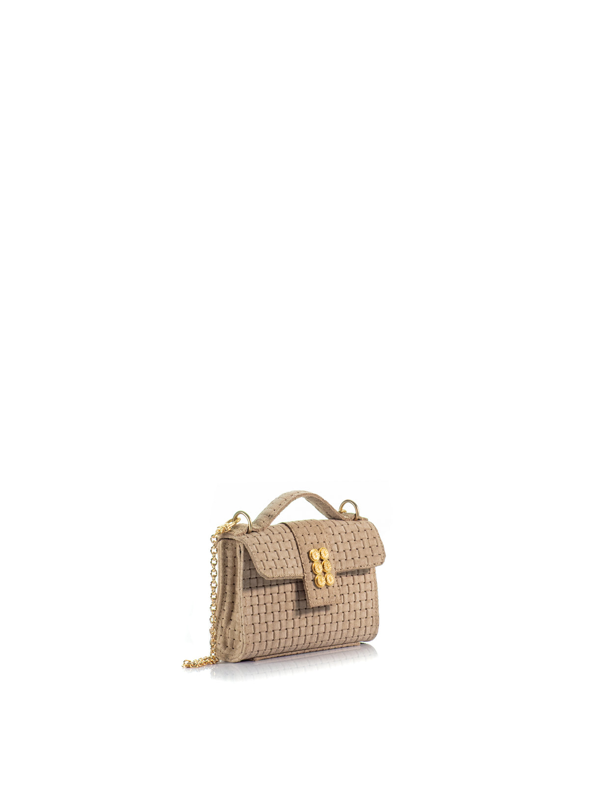 Side view of the KOORELOO Basset Envelope Mini in beige braided suede with top handle, signature gold-tone emblem and chain strap
